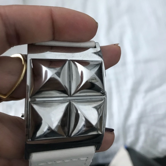 SOLD-Michael Kors Pyramid Stud White Leather Cuff - Picture 5 of 8